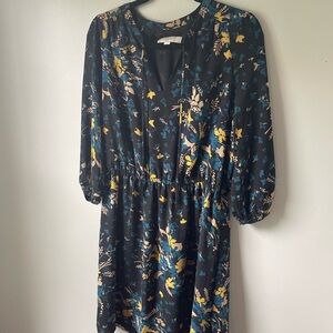 LOFT Blue Floral 3/4 Sleeve V-Neck Dress